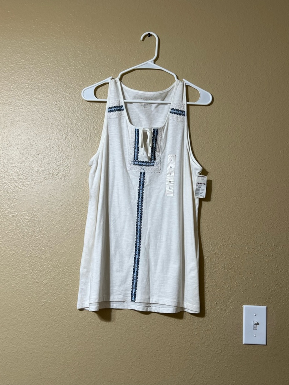 Sonoma White Tank Top with Navy Embroidered Trim